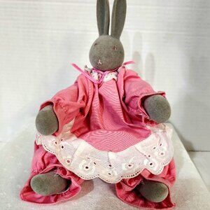 Dept 56 Grey Flocked Easter Bunny Rabbit w/Pink Dress Trimmed with White Lace